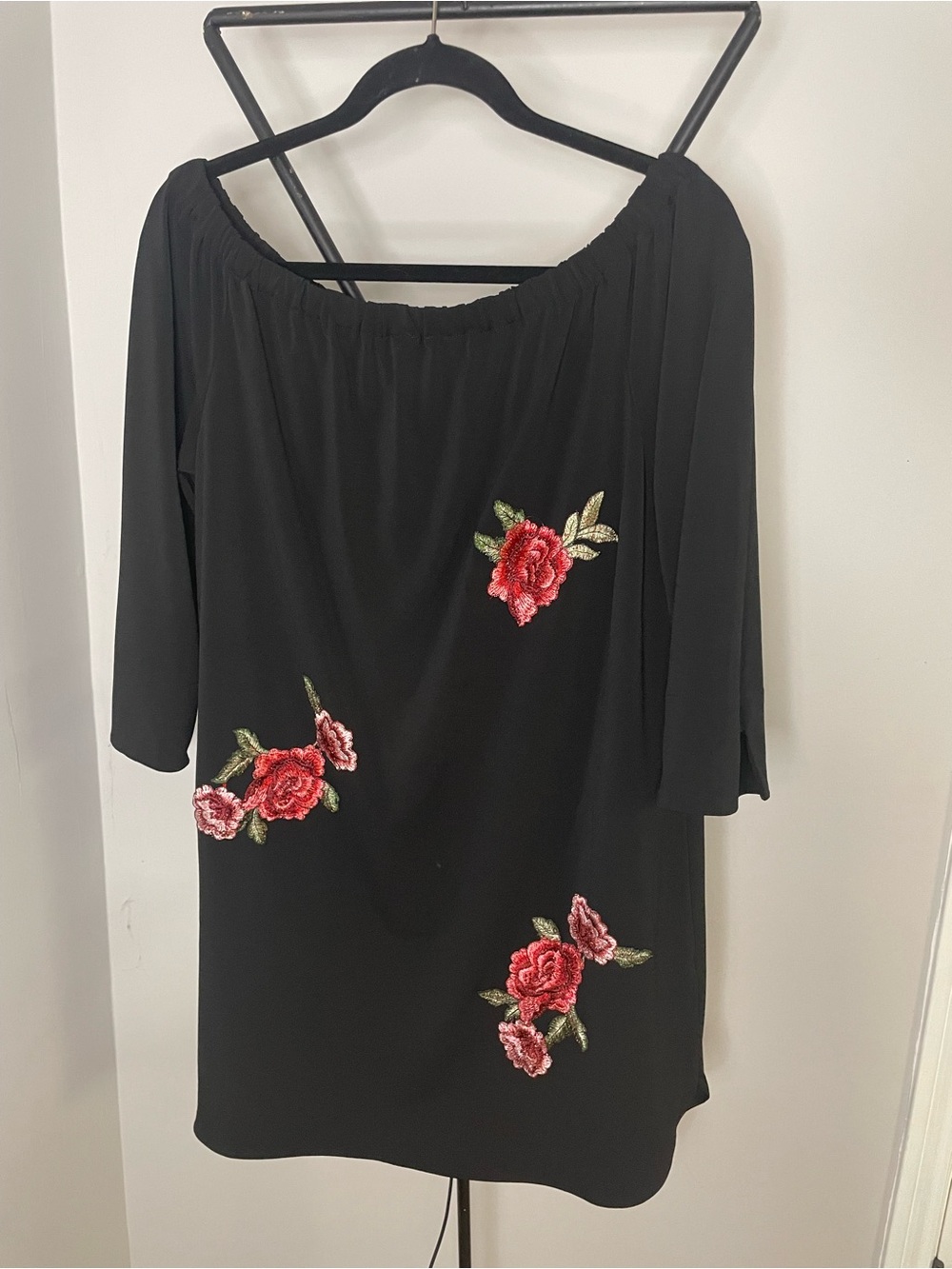Dex Black Off-Shoulder Tunic with Red Rose Embroidery
